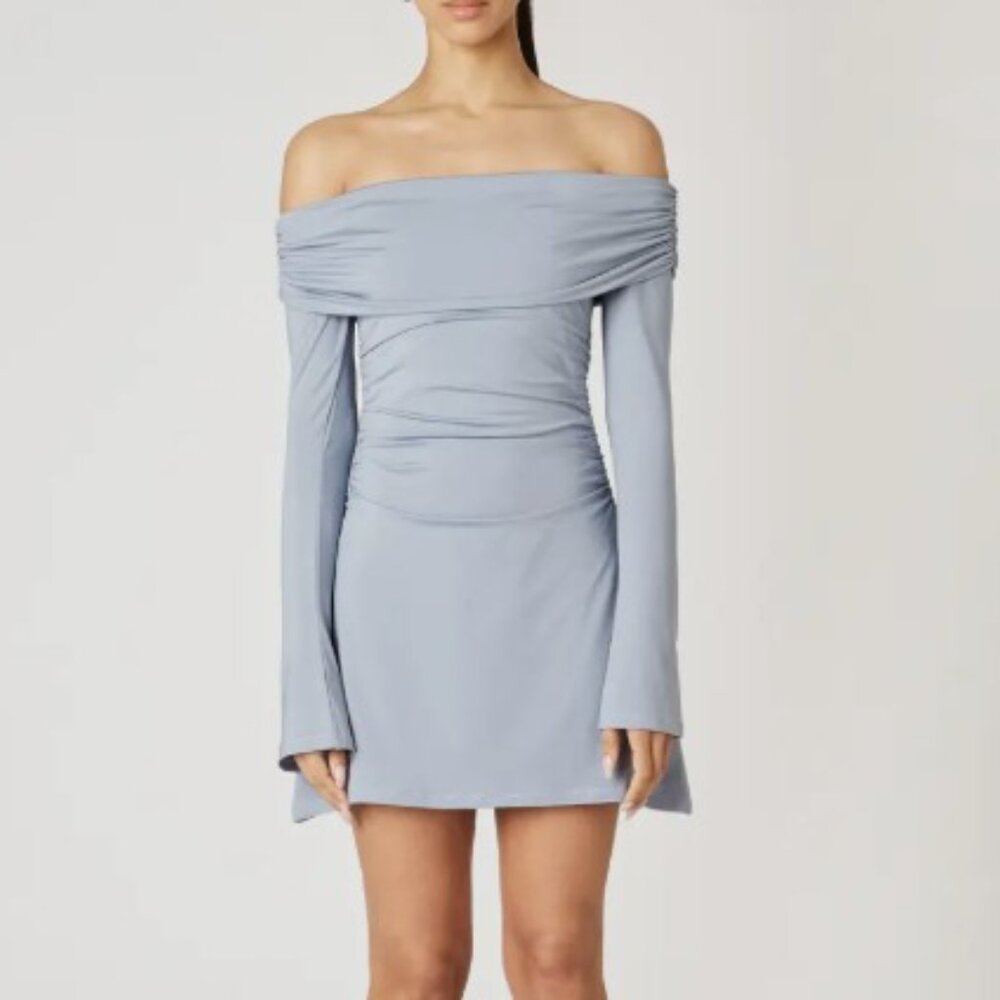 NIA Chic Off-Shoulder Long Sleeve Dress in Light Blue Size L